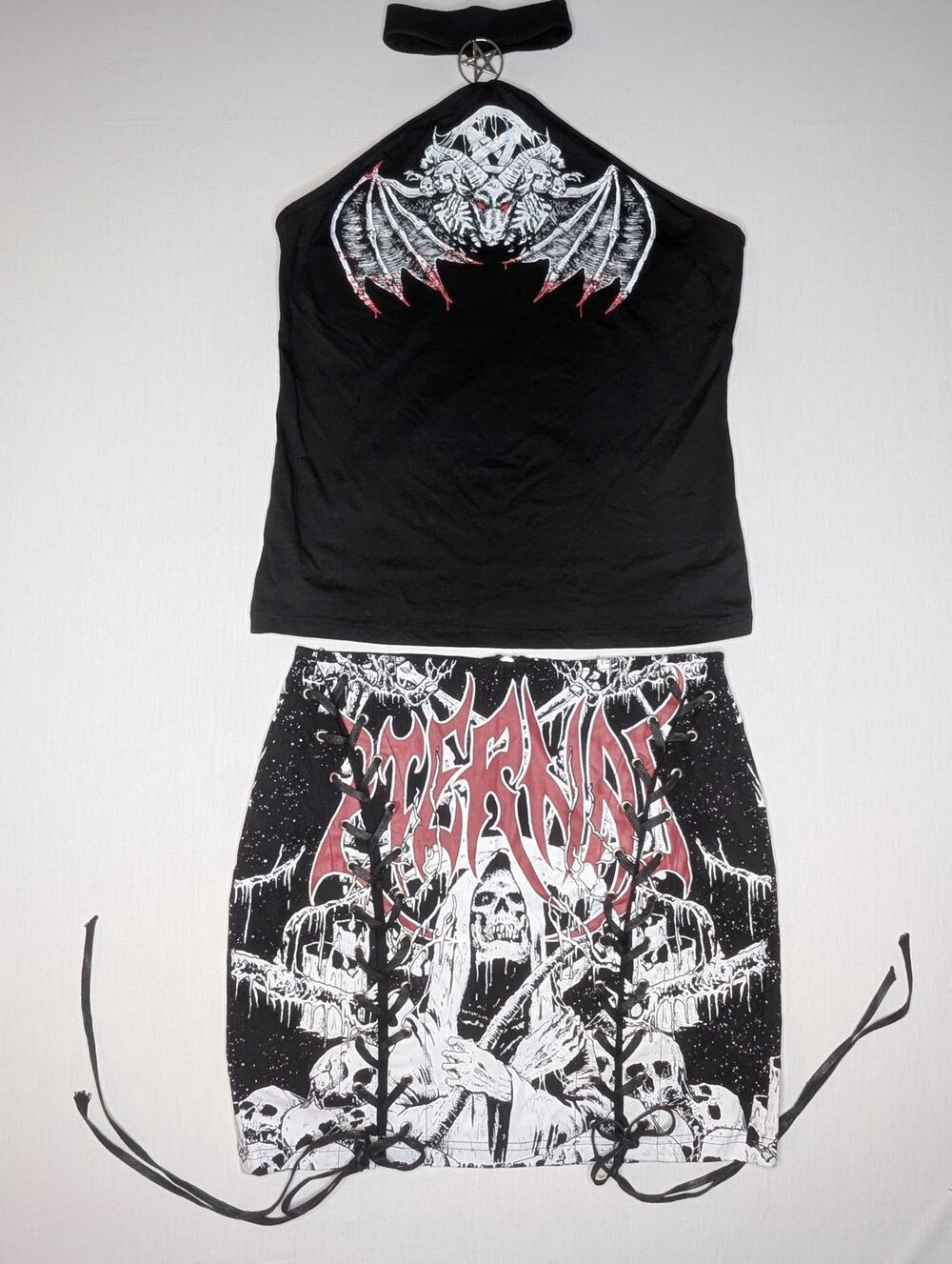 Dolls Kill Widow Goth Halter Top Mini Skirt Set XL Baphomet Grim Reaper Graphic